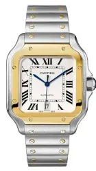  ??  ?? The Santos de Cartier makes a return in a sleeker version with interchang­eable straps and metal link bracelets.