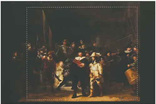  ??  ?? A photograph with lines showing the added parts explains how Rembrandt’s biggest painting the Night Watch just got bigger with the help of artificial intelligen­ce.