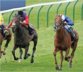  ?? Picture: Dave Shopland/REX/Shuttersto­ck ?? Castle Way, ridden by William Buick, right, beats the King’s Horse Circle of Fire, ridden by Ryan Moore, in last weekend’s Newmarket Stakes