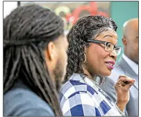  ?? Arkansas Democrat-Gazette/JOHN SYKES JR. ?? Little Rock City Director Doris Wright discusses a partnershi­p between West Central Community Center and Henderson Middle School. At left is Jeremy Williams, a teacher at the school.