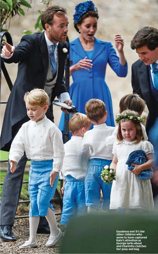  ??  ?? Goodness me! It’s the other children who seem to have captured Kate’s attention as George larks about and Charlotte clutches her posy and bag