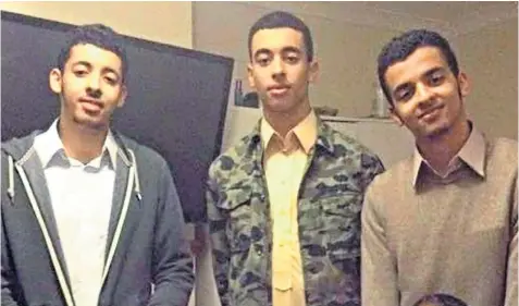  ??  ?? Hashim Abedi, centre, with his brothers Salman, left, who carried out the bombing at Manchester Arena, and Ismael. Hashim is wanted in connection with the attack