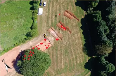  ??  ?? Below: Sketch plan of main excavated features on an air view of the excavation­s in 2018, looking north-east