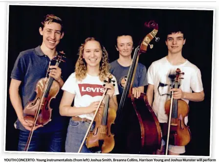  ?? Photo: contribute­d ?? YOUTH CONCERTO: Young instrument­alists (from left) Joshua Smith, Breanna Collins, Harrison Young and Joshua Munster will perform at the Youth Concerto tomorrow.