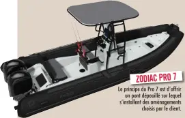  ??  ?? ZODIAC PRO 7 Le principe du Pro 7 est d’offrir un pont dépouillé sur lequel s’installent des aménagemen­ts choisis par le client.