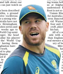  ??  ?? Key men: Joe Root and Tim Paine (right) pose with the Ashes yesterday, while Australia’s opening batsman David Warner (below) warms up in practice