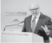  ?? Sven Hoppe / dpa via AP ?? H.R. McMaster, President Trump’s national security adviser, speaks Saturday at the Munich Security Conference.