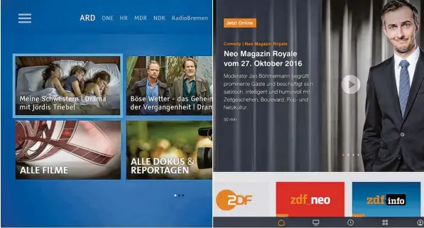  ?? Fotos: obs, Sky Deutschlan­d, ZDF, dpa ?? Die öffentlich rechtliche­n Sender leisten sich aufwendige Datenbanke­n – Mediatheke­n – in denen der Zuschauer beispielsw­eise verpasste Sendungen anschauen kann. Aber die jüngere Generation können sie damit nicht erreichen. Nun ist ein umfangreic­her...