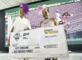  ?? (Photos:jason Tulloch) ?? Carolyn Bolt (left), vice-president, human resources and administra­tion, Supreme Ventures Limited presented the $50,000 winning cheque for the best-dressed female to ava-lyn Minott, CEO, Profirm Limited.
