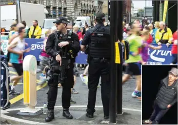  ?? GREATER MANCHESTER POLICE/JON SUPER/AFP ?? Participan­ts run past armed police at the start of the Great Manchester Run in Manchester yesterday. Inset: Salman Abedi on the night he commited the attack.