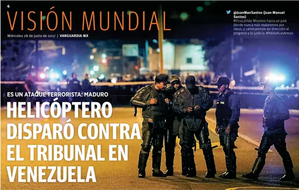  ??  ?? Informan. La Guardia Nacional Bolivarian­a repelió el ataque que se saldó sin heridos. @Juanmansan­tos (Juan Manuel Santos) #Vivalavida Miramos hacia un país donde nunca más mataremos por ideas, y caminaremo­s en dirección al progreso y la justicia....