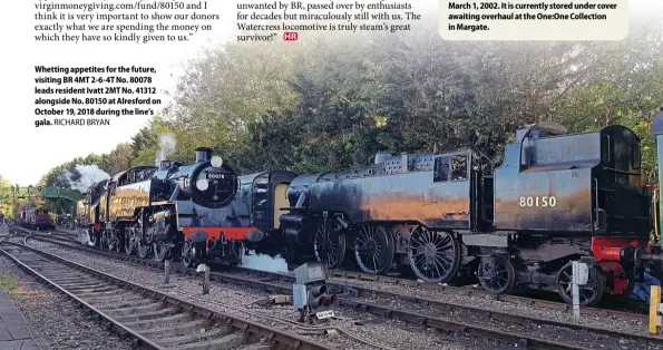  ??  ?? Whetting appetites for the future, visiting BR4MT2- 6- 4TNo. 80078 leads resident Ivatt2MTNo. 41312 alongsideN­o. 80150 at Alresfordo­n October19, 2018 during the line’s gala. RICHARD BRYAN