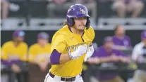  ?? MATTHEW HINTON/ASSOCIATED PRESS FILE PHOTO ?? LSU outfielder Dylan Crews runs during a June game in Hattiesbur­g, Miss. Crews was LSU’s first SEC player of the year since 2012 after batting .349 with 22 homers and 72 RBIs. He is favored to be the No. 1 overall pick in the 2023 MLB Draft.