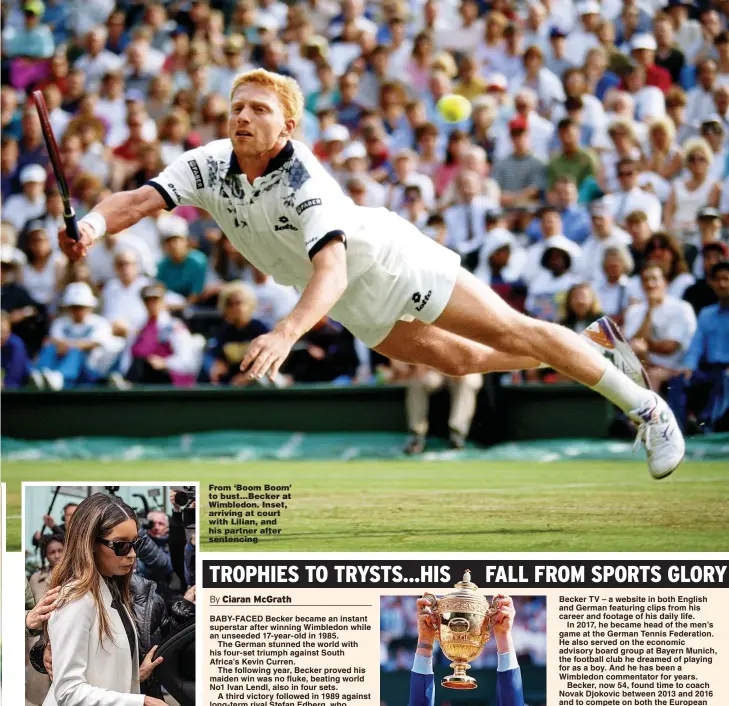  ?? Pictures: KIRSTY O’CONNOR/PA, PRISCILLA COLEMAN/MB MEDIA, TOBY MELVILLE/REUTERS, CHRIS J RATCLIFFE/GETTY ?? From ‘Boom Boom’ to bust...Becker at Wimbledon. Inset, arriving at court with Lilian, and his partner after sentencing