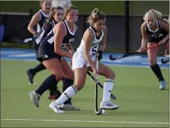  ?? OWEN MCCUE — MEDIANEWS GROUP ?? Episcopal Academy’s Ashley Sessa dribbles as Hill School’s Jaedyn Scarlatos defends on Wednesday in the Pennsylvan­ia Independen­t Schools Athletic Associatio­n title match. Sessa scored the winning goal.