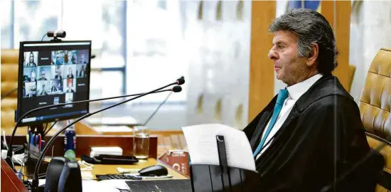  ?? Felipe Sampaio/Divulgação STF ?? O presidente do Supremo Tribunal Federal, Luiz Fux, conduz julgamento sobre exclusão do ICMS da base de cálculo do PIS e da Cofins