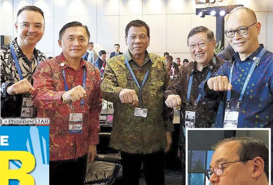  ??  ?? President Duterte poses with (from left) outgoing Foreign Affairs Secretary Alan Peter Cayetano, top aide Christophe­r ‘Bong’ Go, Finance Secretary Carlos Dominguez III and Budget Secretary Benjamin Diokno at the Asean Leaders’ Gathering at the Sofitel Bali Nusa Dua in Bali, Indonesia the other day. Duterte returned to the country early yesterday. Inset shows photo from the Facebook account of Philippine Permanent Representa­tive to the UN Teodoro ‘Teddyboy’ Locsin Jr., who has accepted Duterte’s offer to be the next foreign affairs chief.