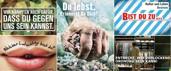  ?? Fotos: Firmen ?? In der Werbung ist die Ansprache eine Frage von Ziel gruppe und Image. Hier aus unter schiedlich­en Grün den duzend (von oben nach unten und links nach rechts): die Bun deswehr, Pullmoll, Hornbach, Fisher man’s Friend und Ikea.