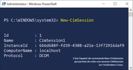  ??  ?? C’est l’applet de commande New- Cimsession qui permet de créer une session Cimsession sur l’ordinateur Linux.