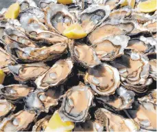  ?? FOTO: DPA ?? Mit Zitronensc­heiben angerichte­te Austern, aufgenomme­n im Hafen von Larrosa in Gujan Mestras an der französisc­hen Atlantikkü­ste: In der Nordsee sollen die Muscheln ein Comeback erleben.