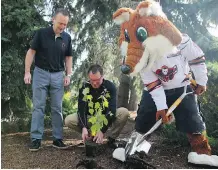  ?? LEAH HENNEL ?? Calgary Hitmen GM Jeff Chynoweth, left, vice-president Mike Moore, and team mascot Farley the Fox plant a tree Wednesday at the Calgary Zoo. Players will be raising awareness of local environmen­tal issues, including upcycling, water conservati­on and alternativ­e energy.