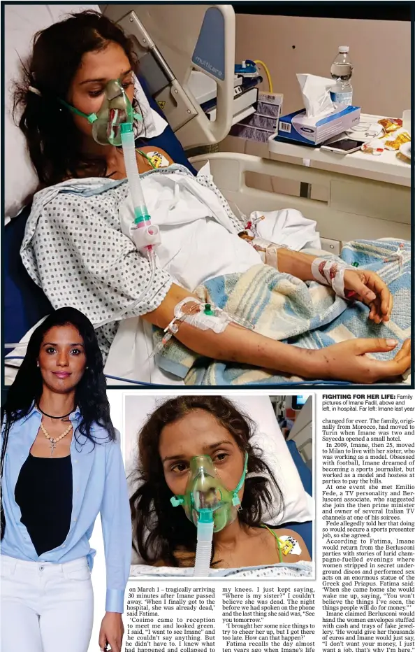  ??  ?? FIGHTING FOR HER LIFE: Family pictures of Imane Fadil, above and left, in hospital. Far left: Imane last year