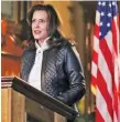  ?? MICHIGAN OFFICE OF THE GOVERNOR PHOTO VIA AP ?? Michigan Gov. Gretchen Whitmer addresses the state Thursday in Lansing, Mich.