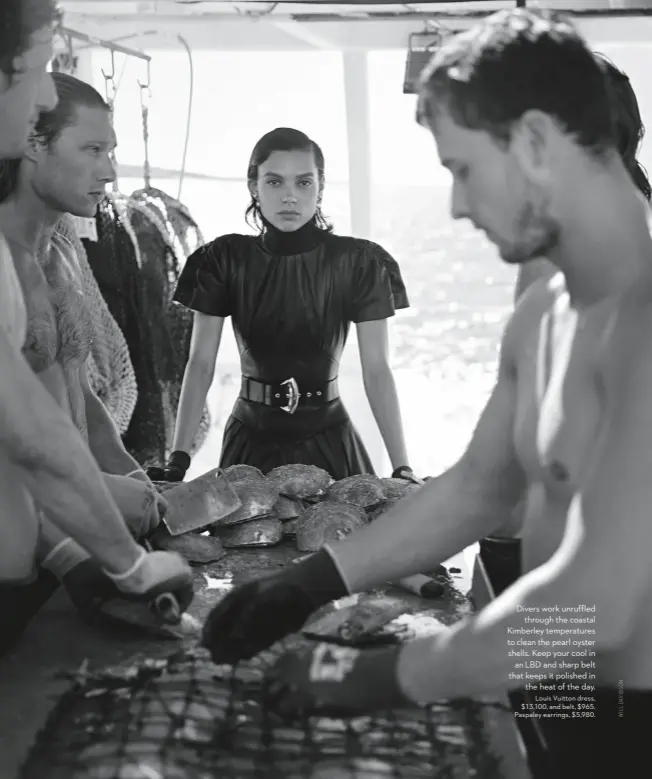  ??  ?? Divers work unruffled through the coastal Kimberley temperatur­es to clean the pearl oyster shells. Keep your cool in an LBD and sharp belt that keeps it polished in the heat of the day. Louis Vuitton dress, $13,100, and belt, $965. Paspaley earrings, $5,980.