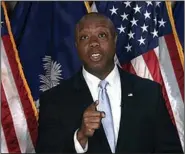  ?? (AP/Senate Television) ?? Sen. Tim Scott delivered Republican­s’ central political criticism of President Joe Biden, that he campaigned as a uniter and a moderate but has governed as a liberal relying only on Democratic lawmakers.