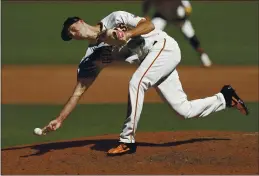  ?? NHAT V. MEYER/BAY AREA NEWS GROUP FILE ?? The San Francisco Giants’ Tyler Rogers throws against the San Diego Padres in the fifth inning at Oracle Park in San Francisco on Sept. 27, 2020.