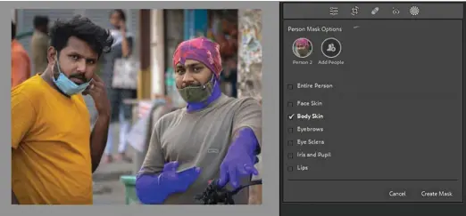  ?? ?? Picture 8: Once a person is selected, you have further choices available (see text) for masking. Here Body Skin was selected and is shown with a blue overlay.