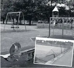  ??  ?? Pictured is play equipment at the Maurice Lea Memorial Park and (inset) damaged fencing like this in Newhall pictured in the late 1970s became an urgent priority for councils.