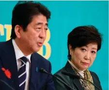  ??  ?? Shinzo Abe, Japan’s prime minister and Yuriko Koike, governor of Tokyo and head of the Party of Hope