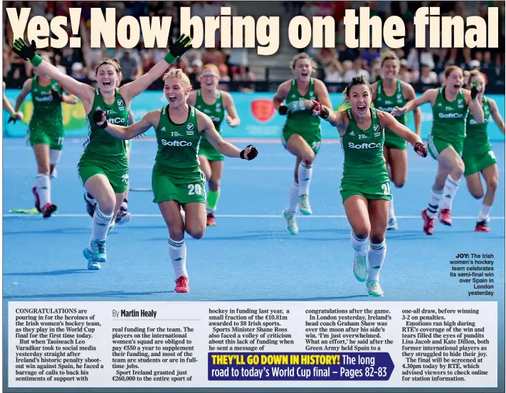  ??  ?? joy: The Irish women’s hockey team celebrates its semi-final win over Spain in London yesterday