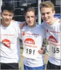  ?? FM4260609 ?? Jordan Harris, winner Callum Orris and Daniel Lewis after the Sport Relief Mile