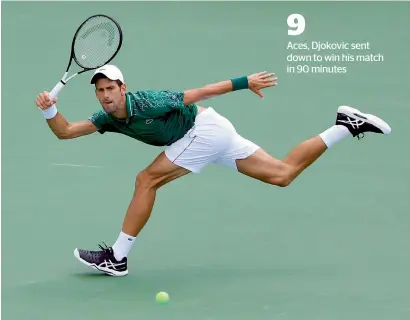  ?? AFP ?? 9 Aces, Djokovic sent down to win his match in 90 minutesSer­bian Novak Djokovic hits a forehand shot against Bosnia’s Mirza Basic during their first round of the Rogers Cup match. —