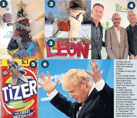  ?? ?? 1.Finally got my Christmas tree up AND the washing sorted! 2. Raider of the Lost Bark. 3. Any reader know someone called Leon who might want these? I ordered ‘Noel’ but they sent wrong one. 4. Celtic legends Chris Sutton and John Hartson were thrilled to meet Oscar-winning Gandhi star Ben Kingsley. 5. First it was elf on the shelf, now it’s… 6. Word of the week is “testiclate”: to wave arms around while talking b ***** s.