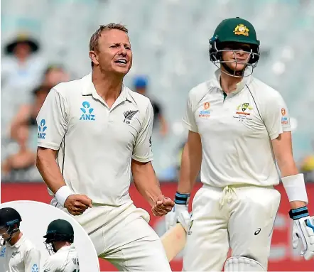  ?? AP/PHOTOSPORT ?? Neil Wagner claims Steve Smith’s wicket for seven but it was a rare highlight ona day when New Zealand lost Trent Boult, left, to a hand fracture from a Mitchell Starc bouncer.