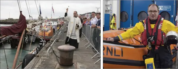  ??  ?? Fr James Cullen blessing the boats at Wexford Quayfront earlier this year.
Fr James ready for duty with the RNLI.