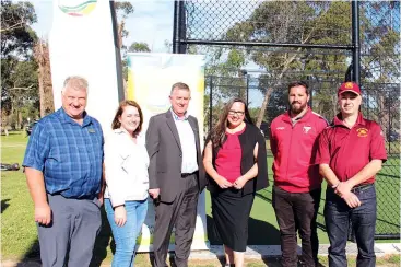  ??  ?? Lighting projects were announced for Drouin Dragons and Trafalgar Victory soccer clubs last week. At Bellbird Park on Thursday are (from left) Baw Baw Shire Councillor­s Keith Cook and Jessica O’Donnell, deputy mayor Danny Goss, Trafalgar Victory Football Club president Lachlan Wyatt and Drouin Dragons Soccer Club president Jason Beer.