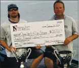  ?? PHOTO COURTESY OF NEWJEN BASS ?? Charles Fales
Jr. (left) and
Don Johnson hold the $20,000 firstplace check after winning the NewJen Tournament of Champions bass tournament Saturday and Sunday on Clear Lake.