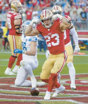  ?? CARLOS AVILA GONZALEZ/SAN FRANCISCO CHRONICLE ?? The 49ers traded away four draft picks to acquire RB Christian McCaffrey from the Panthers in October 2022. Since then, he has scored 38 TDs in his 31 starts in the regular season and playoffs.