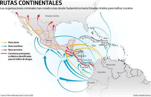  ?? ?? Las organizaci­ones criminales han creado rutas desde Sudamérica hasta Estados Unidos para traficar cocaína