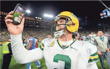  ?? USA TODAY SPORTS ?? Mason Crosby is all smiles after making the winning field goal against the Lions on Monday night.