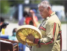  ?? Brian A. Pounds / Hearst Connecticu­t Media ?? Vincent Mann, the chief of the Turtle Clan of the Ramapough Lunaape Nation, beats a drum while singing at a Stamford Day event at Mill River Park in Stamford on May 16.