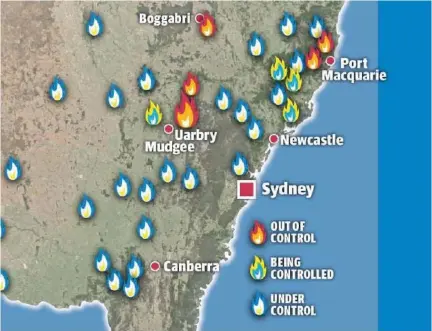  ??  ?? Map of fires burning in New South Wales in Australia.