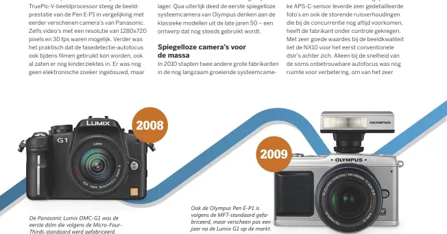  ??  ?? De Panasonic Lumix DMC-G1 was de eerste dslm die volgens de Micro-FourThirds-standaard werd gefabricee­rd. Ook de Olympus Pen E-P1 is volgens de MFT-standaard gefabricee­rd, maar verscheen pas een jaar na de Lumix G1 op de markt.