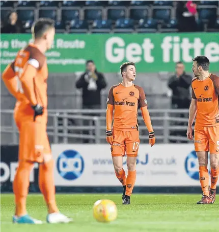  ??  ?? Above: United defenders Jamie Robson and Paul Quinn exchange words after Falkirk’s fourth goal; left: Lewis Kidd fires in the final goal in the closing seconds of the game; right: United debutants Craig Slater and Brandon Mason go to join the...