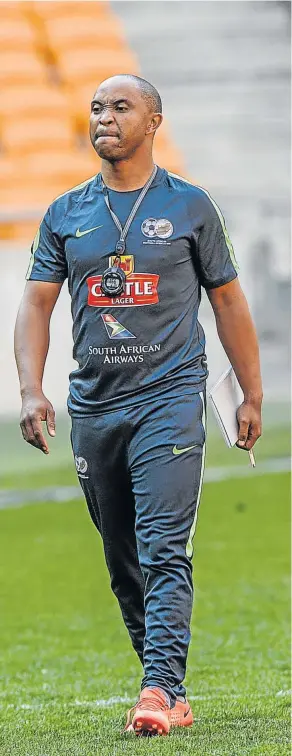  ?? Picture: GALLO IMAGES ?? GROWING TALENT: Assistant coach Thabo Senong of Bafana Bafana at a South African national soccer team training session at FNB Stadium in Johannesbu­rg