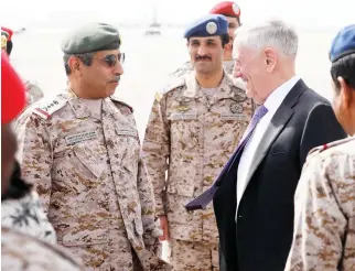  ??  ?? Saudi Armed Forces Chief of Joint Staff Gen. Abdul Rahman Al-Banyan receives US Defense Secretary James Mattis at King Salman Air Base, Riyadh, Tuesday. (AP)